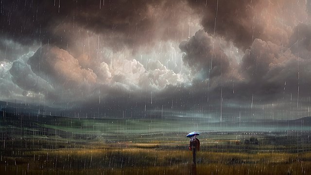 award winning shot of a far person under rain in the countryside  intricate realistic details  breathtaking clouds