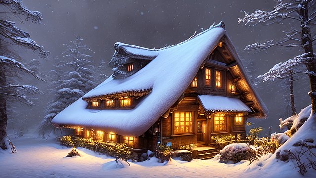 the most breathtaking award winning amazing 4k uhd detailed fascinating photo of a small european cottage in snowy forest during night  intricate realistic details
