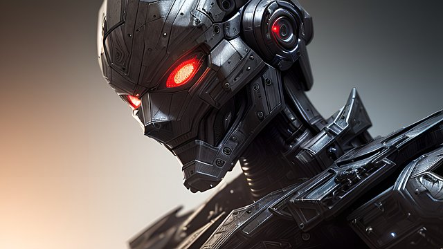 portrait humanoid armored robot, dark background, intricate details