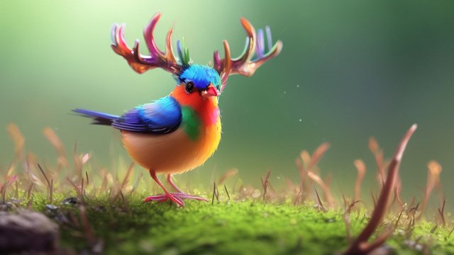 award winning photo of a colorful mesmerizing small bird with antlers in grass  intricate realistic details