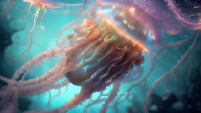 breathtaking photo of a cute small jellyfish in the deep sea, realistic, award winning shot, reflections, intricate details