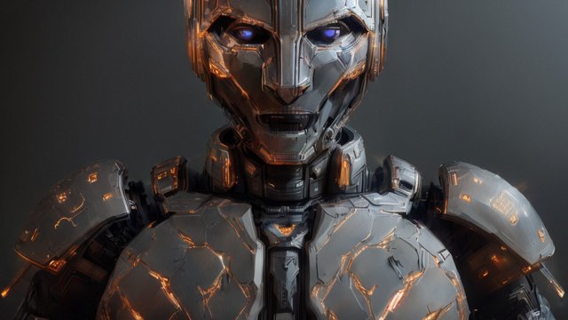 portrait humanoid armored robot, dark background, intricate details