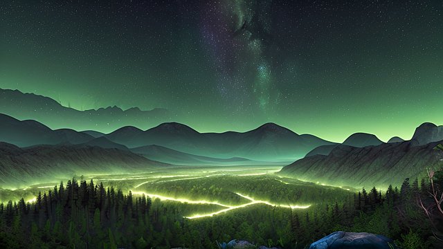 image of an epic  vast  green mountain valley with stars in the background night sky 
