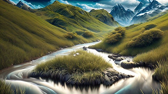 award winning mesmerizing ultrarealistic photo of mountains and rivers, intricate realistic details, in a grass field, intricate realistic details, amazing clouds