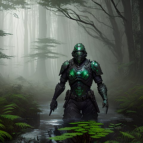 dark armored solider  forest  ferns  pond  mist
