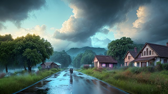 award winning colors of a the rain in the countryside  intricate realistic details  breathtaking clouds