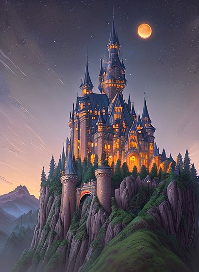 a giant castle above a hill  night sky  forest  mountains  intricate details