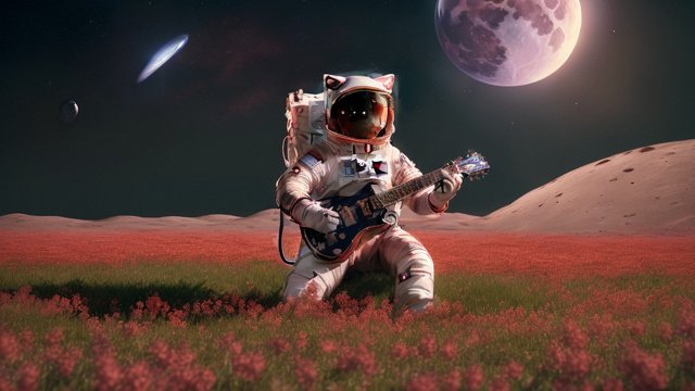 A cat wearing astronaut suit, playing guitar, on a field of red flowers, on the moon