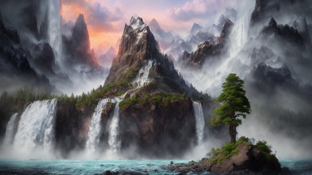 breathtaking photo of a mountain with waterfall - colorful  ultra-detailed  hyper-realistic  photorealistic 