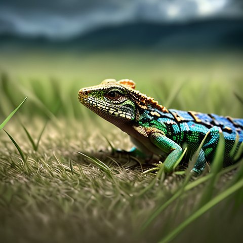 a beautiful little lizard in the grass  beautiful landscape  clouds  award winning shot