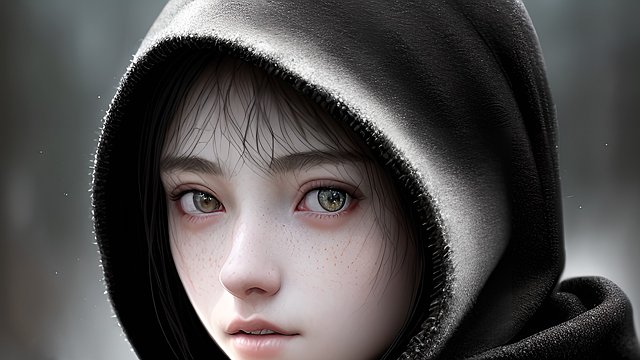 close-up portrait of a young beautiful dark witch with a hood - high-resolution, ultra-detailed, hyper-realistic, photorealistic