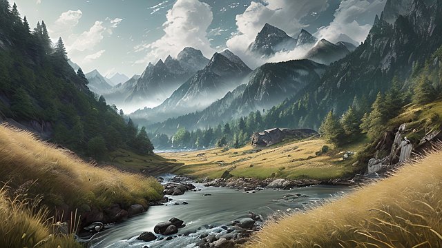award winning awesome quality mesmerizing photo of mountains and rivers, intricate realistic details, in a grass field, intricate realistic details, amazing clouds