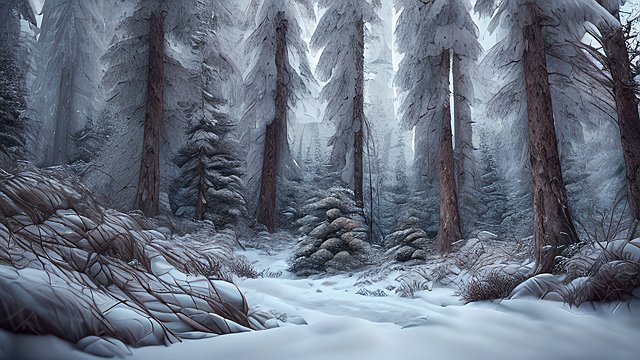 4k breathtaking ultrarealistic RAW color photo of a snowy forest mountains, intricate realistic details