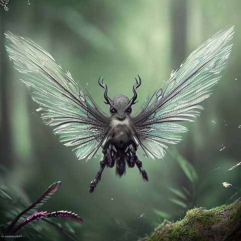 award winning photo of a mesmerizing small winged demon in a forest  intricate realistic details  amazing clouds