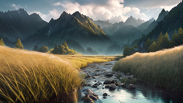 award winning photo of mountains and rivers, intricate realistic details, in a grass field, intricate realistic details, amazing clouds