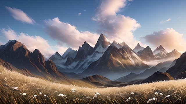 award winning photo of mountains, intricate realistic details, in a grass field, white clouds