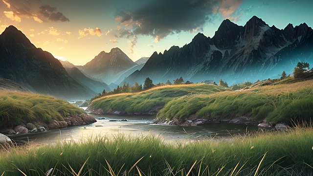 award winning photo of mountains and rivers, intricate realistic details, in a grass field, amazing clouds