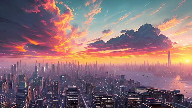 award winning colorful sunset photo over a city, high contrast, intricate realistic details, breathtaking clouds