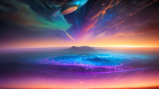image of an epic, vast, colorful, cloud-filled sunset with stars and planets in the background 