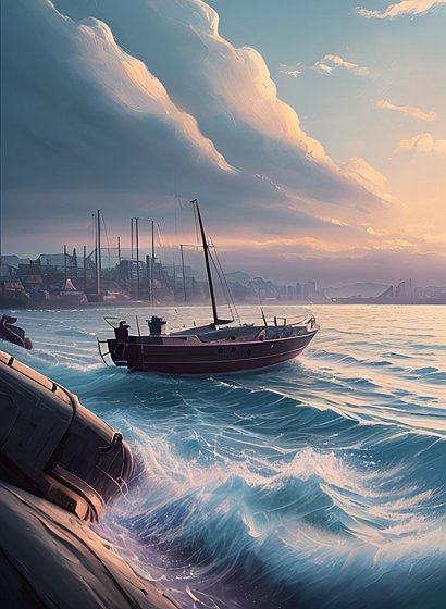 beautiful painting of a boat on the sea, a small city in the background