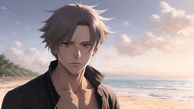 breathtaking realistic portrait of a anime male character on a beach