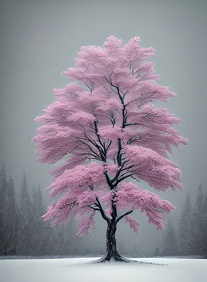 beautiful painting of an isolated tree in the snow  dark