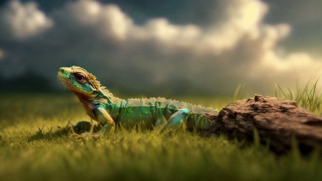 breathtaking photo of a beautiful little lizard in the grass, breathtaking landscape, clouds, breathtaking shot