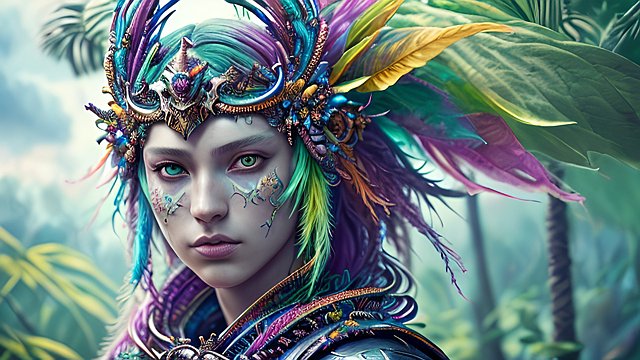 award winning photoshoot colorful mesmerizing portrait of a knight in a fantasy jungle  amazing shot  intricate realistic details  amazing clouds