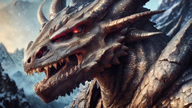 breathtaking close up portrait of a dragon head with scales and horns  snowy mountains background  intricate realistic details