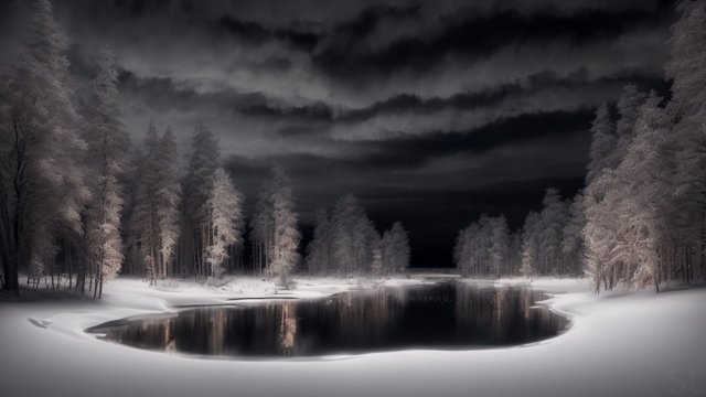 award winning night shot of a snowy lake  high contrast  intricate realistic details  breathtaking clouds