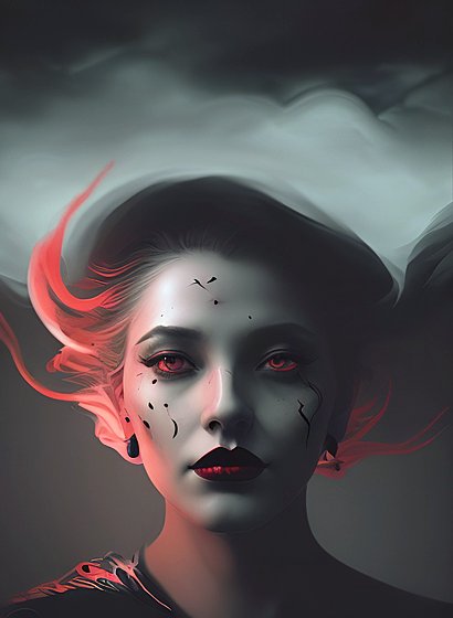 portrait of a woman in a dark cloud  black ink  red lips  intricate details