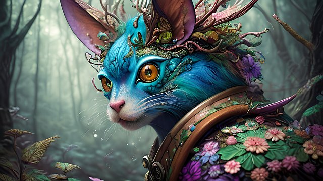 breathtaking colorful portrait of a whimsical creature in a forest  intricate realistic details  dark shades