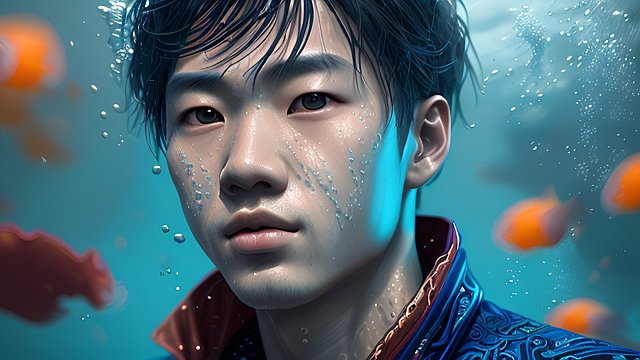 breathtaking colorful portrait of a chinese boy underwater, intricate details