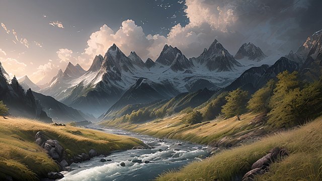 breathtaking awesome quality mesmerizing photo of mountains and rivers, intricate realistic details, in a grass field, intricate realistic details, amazing clouds