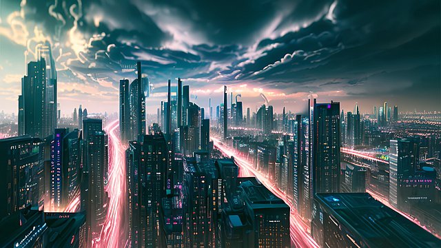 mesmerizing ultrarealistic photo of a modern city at night, neon, intricate realistic details, amazing clouds