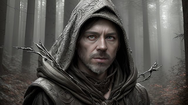 award winning portrait of a sorcerer with a hood in a forest - high-resolution  intricate realistic details  photorealistic