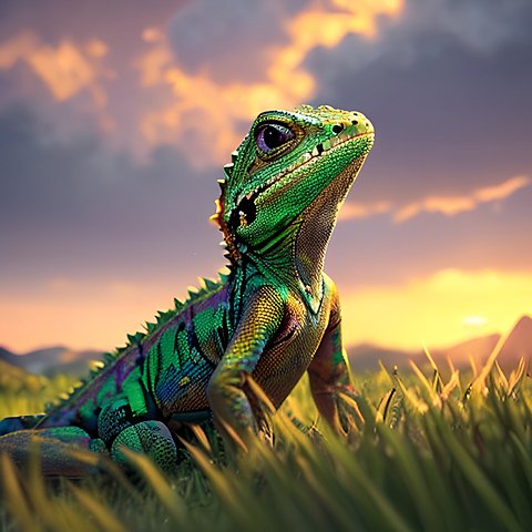 a beautiful little lizard in the grass  beautiful landscape  clouds