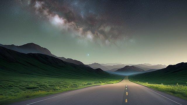 image of a country dirt road going down an epic  vast  green mountain valley with stars in the background night sky 