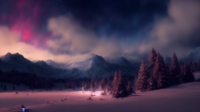 4k breathtaking night snowy landscape with a nebulae  colorful  intricate realistic details