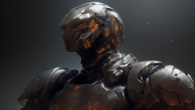portrait humanoid armored robot, dark background, intricate details