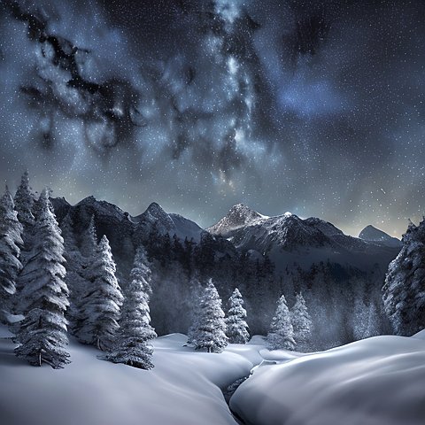 4k breathtaking photo of a snowy forest mountains  night starry sky  milky way  intricate realistic details