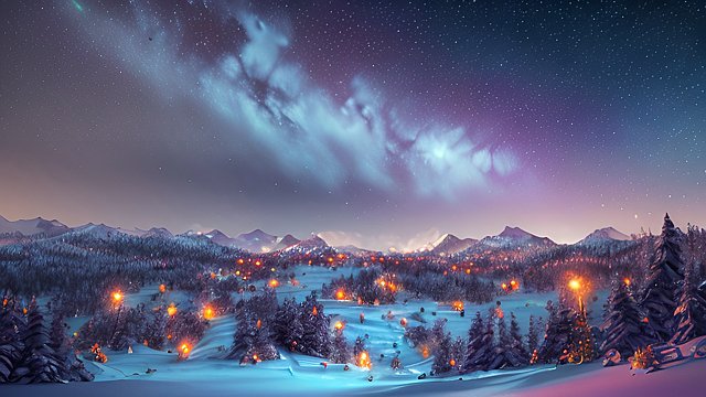 4k breathtaking night snowy landscape with a nebulae  colorful  intricate realistic details