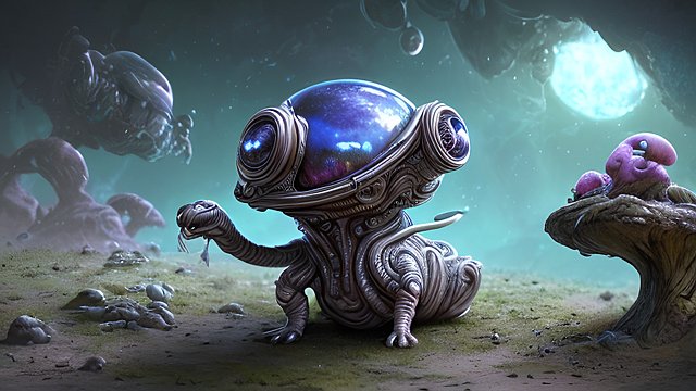 award winning photo of a small whimsical animal in a strange biome on an alien planet  intricate realistic details  amazing atmosphere