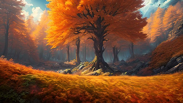 the most breathtaking photo of autumn forest mountain  intricate realistic details  dark shades  amazing anime clouds
