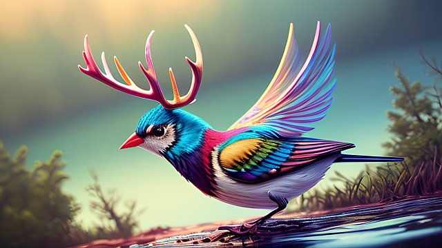 breathtaking photo of a colorful small bird with antlers over a lake  intricate realistic details