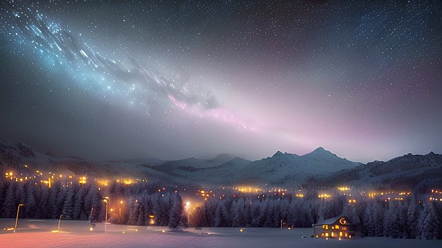 4k breathtaking photo of a night snowy landscape with a nebulae  colorful  intricate realistic details