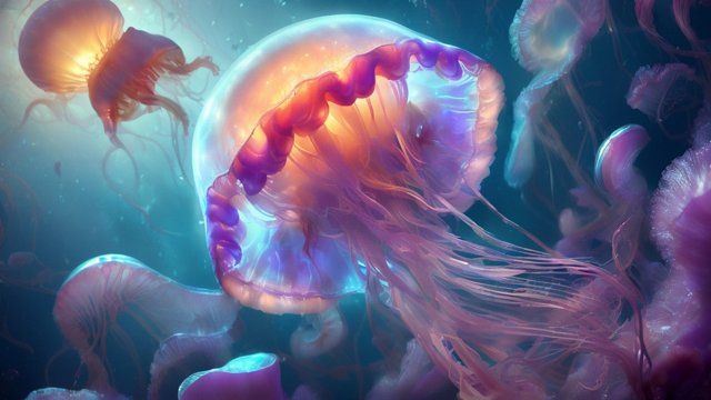 breathtaking photo of a jellyfish in the deep sea, realistic, award winning shot, reflections, intricate details