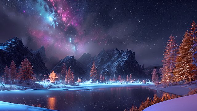 4k breathtaking night snowy landscape with a nebulae  colorful  intricate realistic details