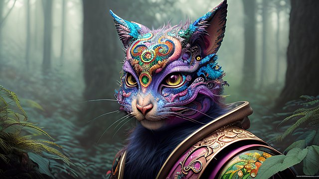 breathtaking colorful portrait of a whimsical creature in a forest  intricate realistic details  dark shades