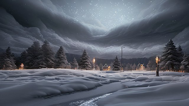 award winning night shot of a snowy landscape  high contrast  intricate realistic details  breathtaking clouds